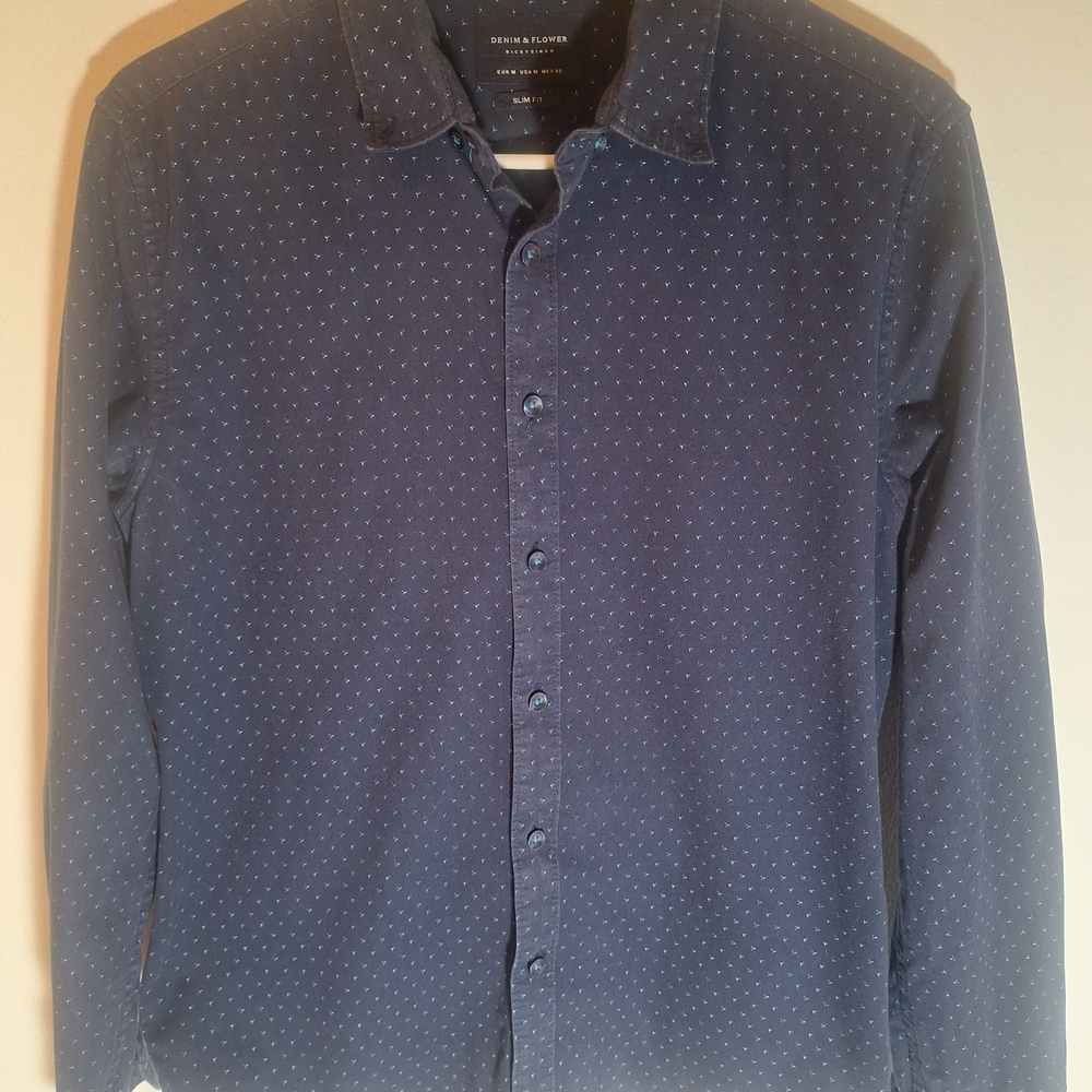 Denim & Flower Ricky Singh Men's Navy Geometric Slim Fit Button-Up Shirt Medium